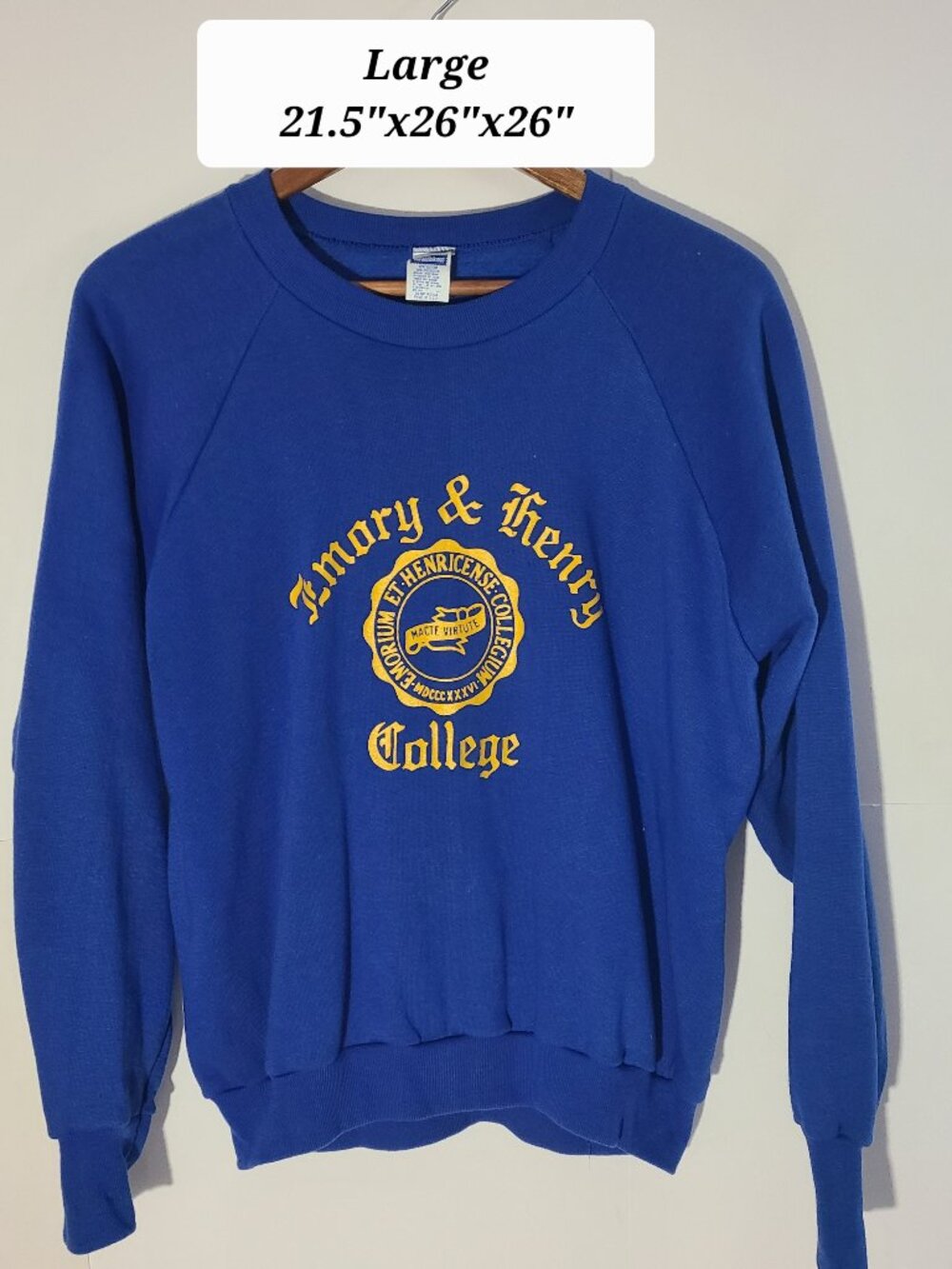 Vtg 80s Emory & Henry College Blue Large Healthknit Sweatshirt Made in USA EUC